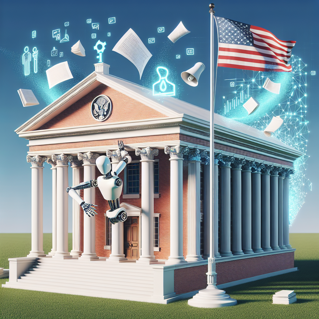 An image that depicts the concept of artificial intelligence regulation. Show a symbolic scene of a medium-sized brick building, stylised as a traditional American government building with a waving U.S. flag at the front. Just beside the building, include an AI entity, a robotic figure grabbing one of the white pillars, symbolising its reach for influence. Scatter around some legal documents and policy papers flying in the wind to represent the legislative process. Show digital icons like codes, circuit patterns hovering around the robot for a tech feel. The weather should be sunny with a clean blue sky.