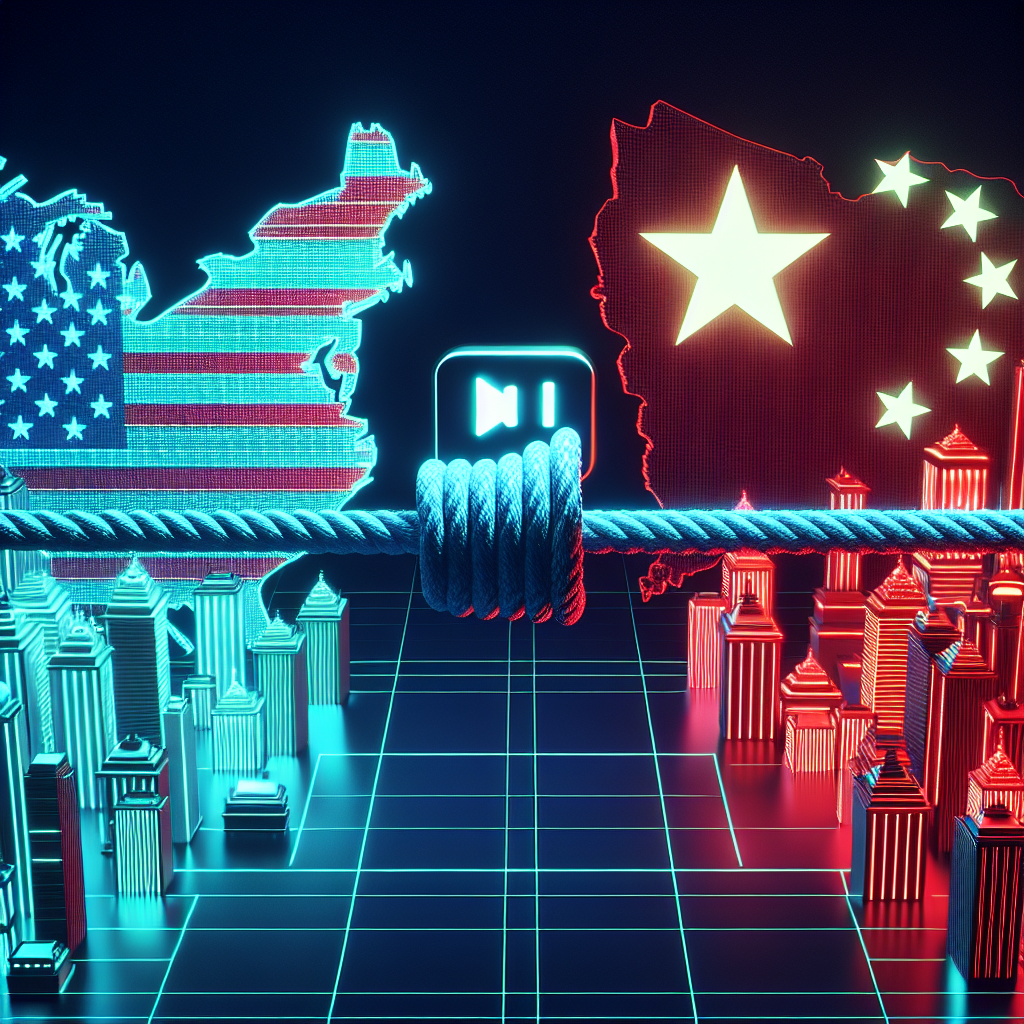 A symbolic image representing the tension between the US and China in the technology sector, possibly visualized as a massive tug-of-war rope in between two digital landscapes. On one side a glowing, teal-colored, wireframe representation of the United States with digital skyscrapers representing tech firms. On the other end, a crimson wireframe of China with similar skyscrapers, also standing as tech firms. Suspended in the middle, a juxtaposed icon of a video-play emblem and a stop symbol, representing the conflict around the popular short-video app. No explicit flags or labels, but symbolic elements indicating the two nations.