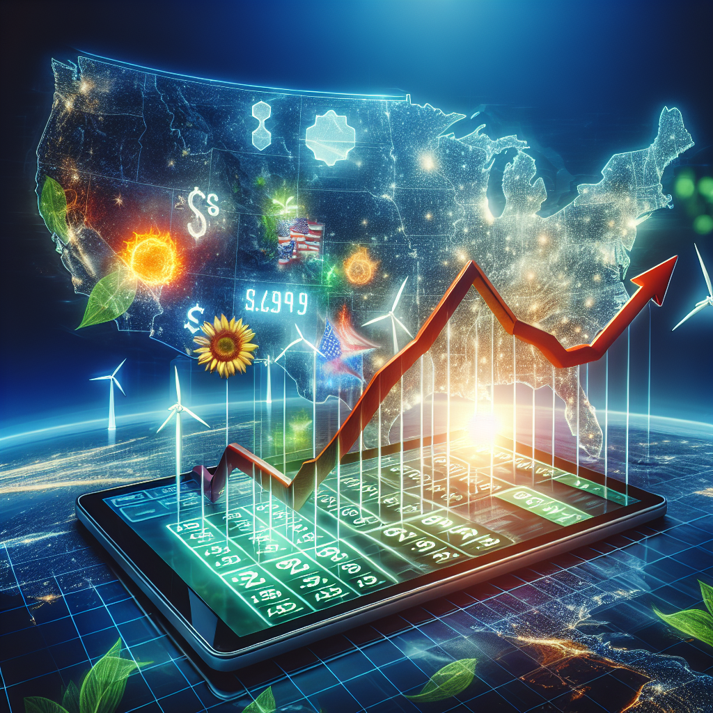 A beautiful image representing a downturn in gas prices in the United States. Picture a dynamic graph on a digital screen showing the drastic fall of gas prices. This graph is set against the backdrop of a US map to signify the nationwide impact. In the background, subtly blended with the map, depict symbols of energy sources shifting - like a glowing sun for solar power, a wind turbine for wind energy, and a vibrant green leaf for bioenergy. These symbols signify a shift towards more sustainable energy studies. The overall mood of the image is one of positive change and innovative adaptation.