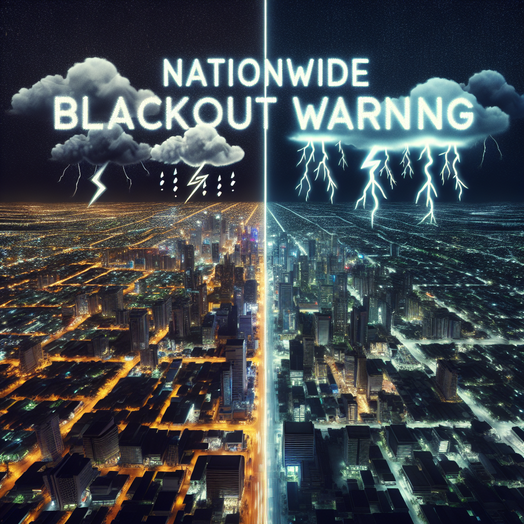 Visualize an overhead shot of a bustling city at night, with all the lights on, symbolizing the functioning power grid. Divide this picture into two. On the other side, depict the same city at night but in complete darkness to portray the power blackout. Show a line of thunderstorms looming over the darkened city, reflecting the looming threat of power grid failures. In the middle, print the words 'Nationwide Blackout Warning' in bold, attention-grabbing letters.