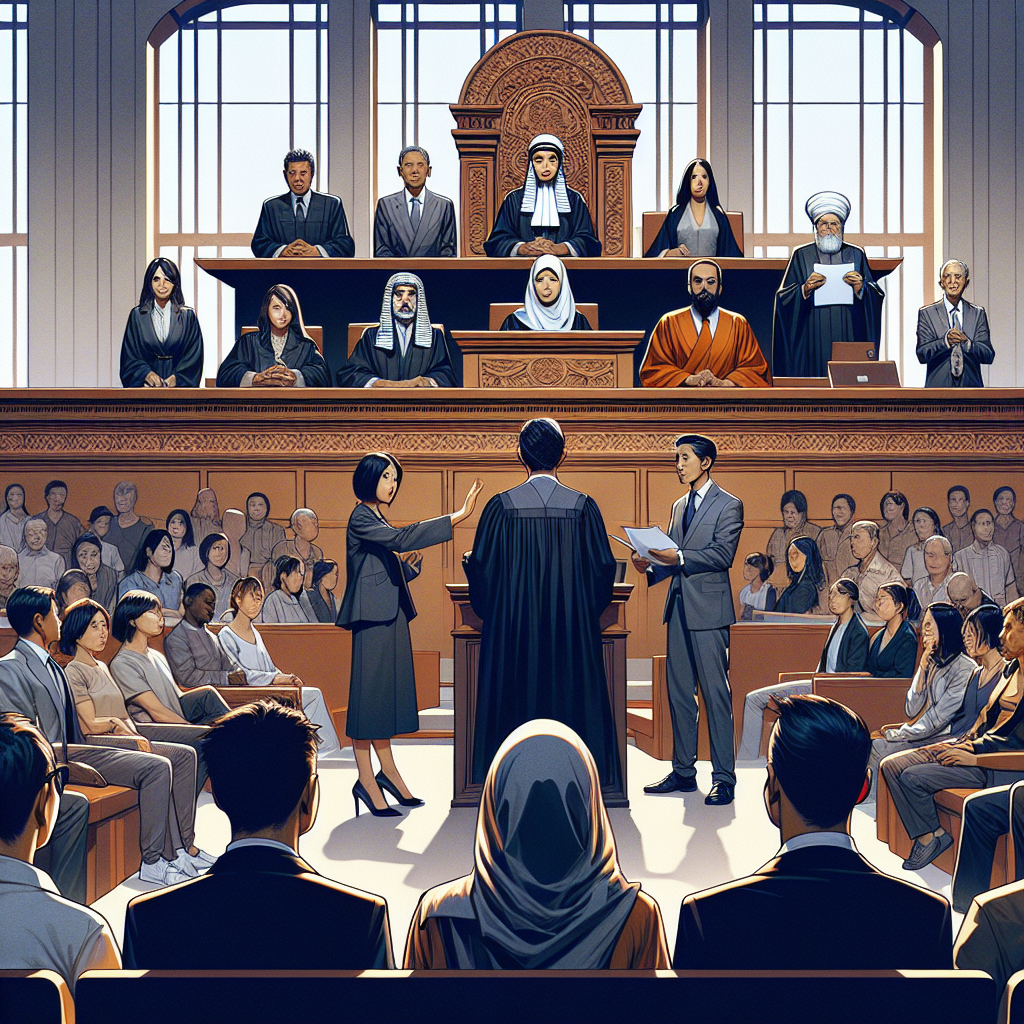 Visualize a courtroom scene with a distinctive and imposing architecture. Show an Asian female judge overseeing the trial at the bench, Middle-Eastern male prosecutor presenting his case, and a Caucasian female defendant listening attentively to the proceedings. A handful of people, with varying descents including Black, Hispanic, South Asian, sit in the spectator seats, depicting the public interest in the trial. Ensure to imply the gravity and seriousness of the situation, but do not include violent or disturbing imagery. Finally, depict the phrase 'Unveiling the Impact' appearing in the backdrop of the scene.
