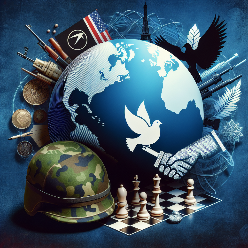 An image depicting an abstract representation of strategic global security concepts. Show a globe, symbolically indicating different regions of the world. Near the globe, depict a soldier's helmet and camouflage uniform, representing military aid. Also include a chessboard with pieces strategically placed, signifying strategic decisions. Incorporate symbols such as dove representing peace, an olive branch, and a handshake, representing commitment and cooperation. Please avoid references to specific countries or regions.