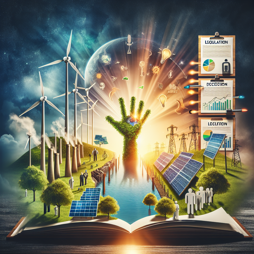 Create an image portraying a concept of clean energy investments. Show a variety of renewable energy sources such as wind turbines, solar panels, and hydroelectric dams. Include anthropomorphized representations of legislation documents posted on wooden decision boards, which are transforming into verdant trees, indicating the progression of climate change legislature. Add an atmosphere of optimism and future promise, by using bright color tones and backlighting effects. No people should be portrayed in this image.