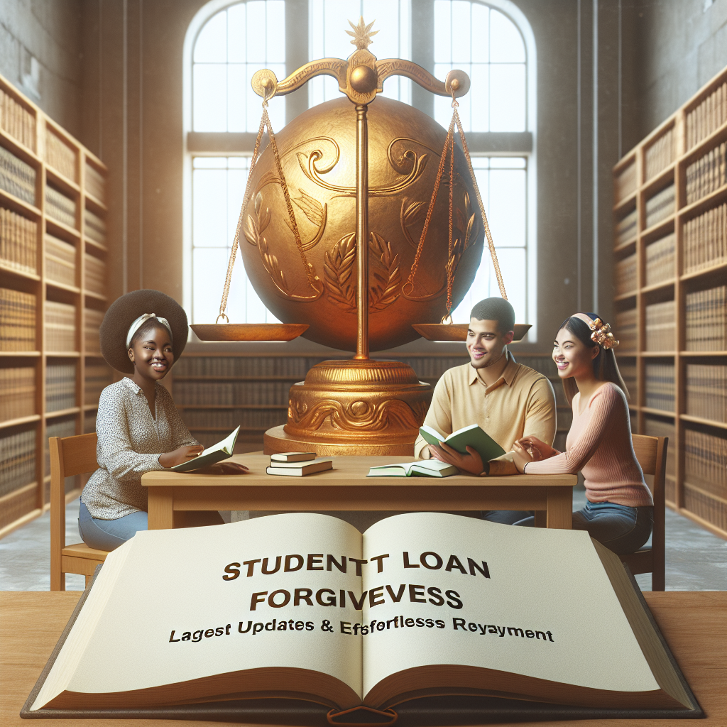 An image of a calm and serene library environment in the middle of the day. In the center, a young Black woman student, and a young Middle-Eastern man student are sitting at a wooden table. They are smiling and looking relaxed while studying their books. To convey the concept of 'loan forgiveness', there is a giant, ornate, golden scale in the background, with one side significantly lighter, suggesting the lifted weight of student debt. The scale should feature ancient Greek aesthetics. Above them, text displays, 'Student Loan Forgiveness: Latest Updates & Effortless Repayment'.