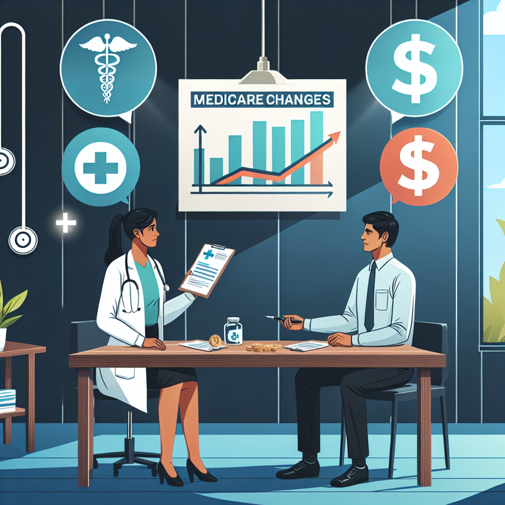 Visual representation of the concept of Medicare changes and affordable insurance reforms. Picture should include symbols of healthcare such as medical stethoscope, plus signs, healthcare provider tags and dollar sign to denote the financial aspect. Depict a Caucasian female doctor and a South Asian male patient discussing these changes as they stand in a well-lit doctor’s office room, with a table which has leaflets of Medicare changes and reforms, and a wall chart or screen showing a bar graph of decreasing costs or improving healthcare statistics.