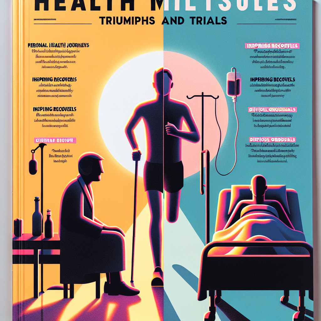 An image of a magazine cover with the title 'Health Milestones: Triumphs and Trials'. The cover features a divided background with two halves: one bright and sunny, featuring an silhouette of an anonymous fit person jogging against a sunrise, and the other half darker, with an silhouette of an indistinct person resting in a hospital bed. Near the bottom, there are captions like 'personal health journeys', 'inspiring recoveries', and 'difficult ordeals'. The general layout and typography hints at a glossy entertainment magazine style. All the figures used to depict individuals are abstract and gender-neutral.