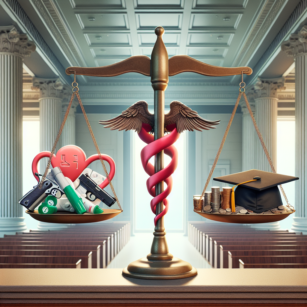 A balanced artwork symbolizing three key topics in US law: reproductive healthcare, firearm regulation, and education finance. For reproductive healthcare, depict a medical symbol intertwined with a vibrant red ribbon; for firearm regulation, illustrate a balanced scale with a feather and a handgun; and for education finance, represent it with a graduation cap resting atop a pile of coins. Design these symbols in a neutral courtroom setting with architecture reminiscent of classical judicial chambers. Include soft natural light streaming through large windows. No people are to be represented in this scene.