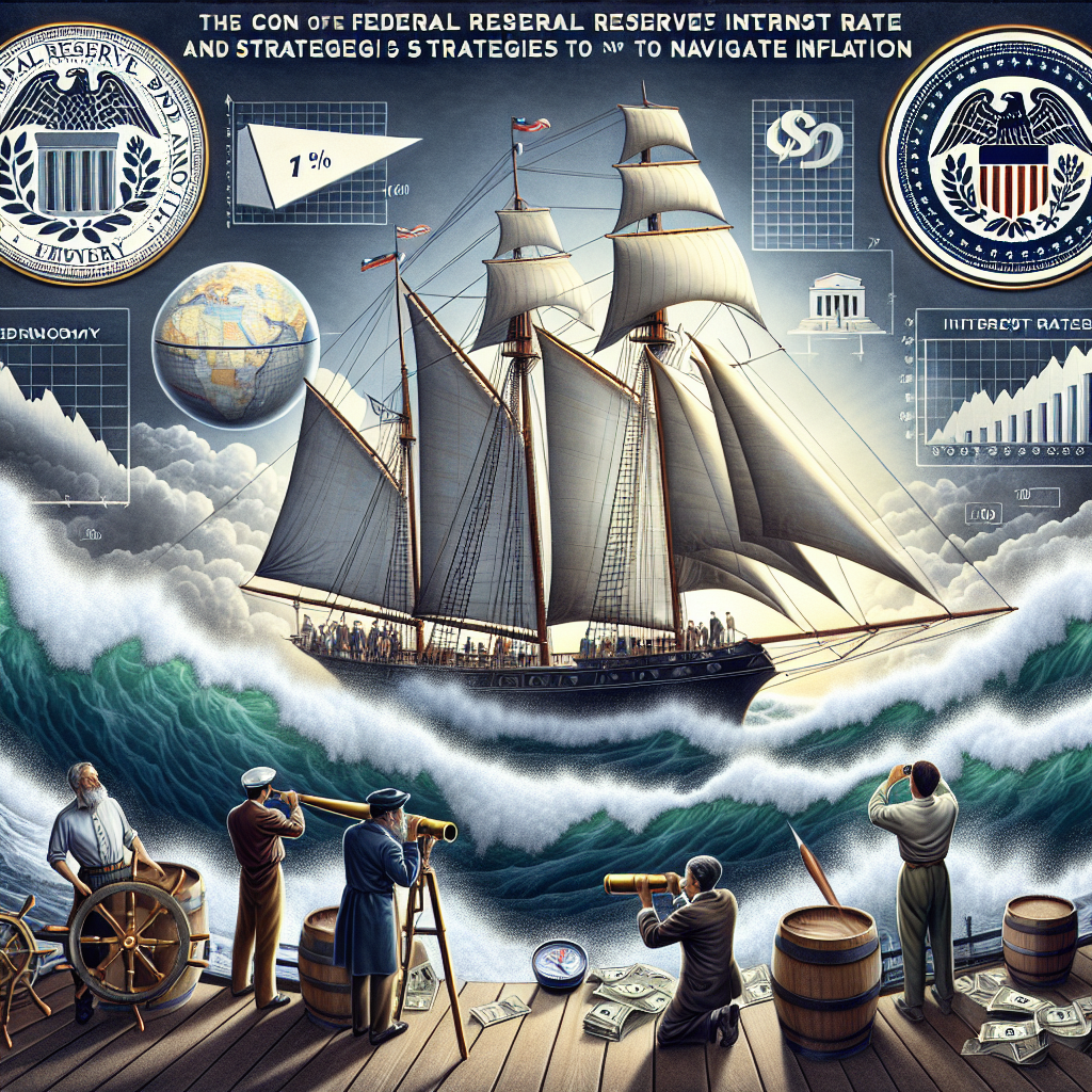 A visual representation of the concept of Federal Reserve interest rate and strategies to navigate inflation. Display an iconic image of a sailing ship called 'Economy' navigating stormy seas representing inflation. The ship should be guided by a multi-ethnic group of individuals, some watching the horizon with a telescope, and others adjusting the sails. Include various elements such as monetary charts and a compass showing interest rates. Add an image of the Federal Reserve Bank in the horizon as a symbol of their role. The overall tone is serious and educational.