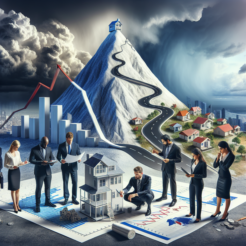 Visualize a complex scene representing the US housing market crisis, showing a steep symbolic mountain representing rising mortgage rates. Next to the mountain, a diverse group of individuals are strategizing on how to tackle the challenge. Include a Caucasian woman with a blueprint in her hand, a Black male inspecting a miniature house model, a South Asian female with a magnifying glass looking at a financial graph, and a Middle-Eastern male holding a pen and paper, jotting down notes. They are all standing on a large chessboard implying strategic moves. In the background, show stormy clouds, visualizing the crisis.