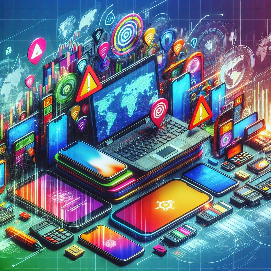 Create an image of a gripping, colorful composition of tech devices such as laptops, smartphones, and tablets stacked, appearing to be in disarray. Add in digital alert symbols and signals around the devices, conferring a sense of urgency. Overlay this with holographic US map and statistical graphs, depicting job market trends, which are slightly faded to add depth to the image. No specific persons or identifiable logos should be visible.