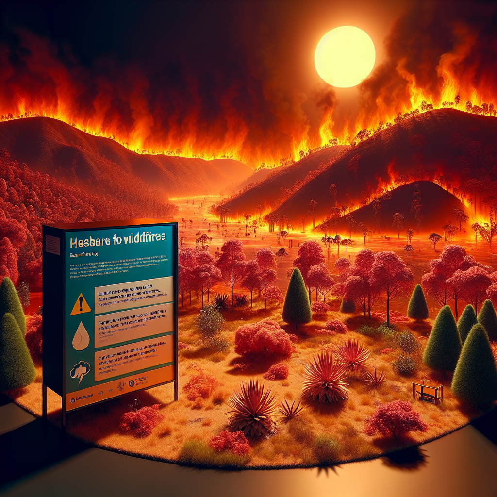 A vivid, realistic representation of a harsh summer environment battling extreme heatwaves. The foreground of the landscape is dominated by a lush forest, now parched under the scorching sunlight casting harsh shadows, signaling the imminent danger of wildfires. To one side, there's an informative stand with tips on what to do in case of wildfires, such as evacuation routes and emergency services contacts. The stand also contains safety tips for heatwave conditions, like drinking plenty of water, staying indoors during peak hours, and more. The image should evoke a sense of urgency and caution.
