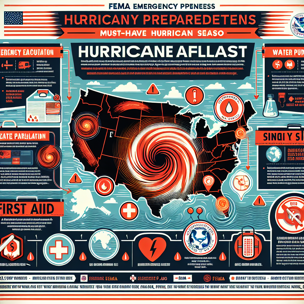 An infographic with red and orange hurricane alert symbols indicates the severity of an upcoming storm. On the left is a list titled 'FEMA Emergency Preparedness Updates: Must-Have Hurricane Season Alerts'. This list includes important items like emergency evacuation plans, water purification methods, first aid knowledge, and emergency contact numbers. The background is a map of the east coast of the United States, showing typical storm paths. At the corner is a logo of FEMA, symbolizing official involvement. Overall, the infographic is designed to be eye-catching, informative, and clear to understand.