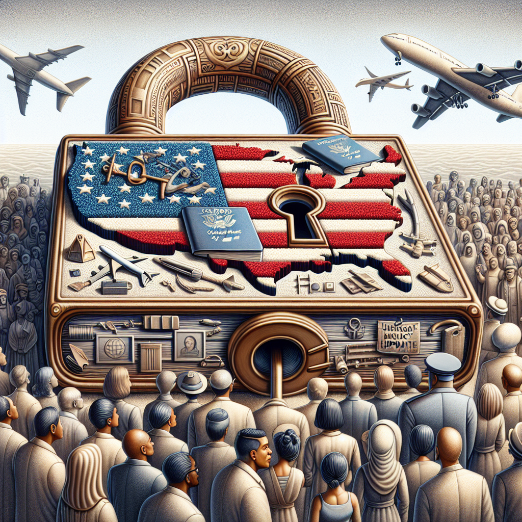 An intricate illustration of the United States map crafted from a robust padlock symbolizing enhanced security. Various relevant icons such as passports, aeroplanes, and shoreline are delicately embedded within the padlock. The illustration showcases an array of diverse individuals, including a South Asian male IT professional, an African female nurse, a Middle-Eastern male construction worker, and a Latina manual labourer, all looking, with hopeful or anxious expressions, towards a massive, stylized book entitled 'US Immigration Policy Updates'. Above the scene, a majestic symbolic scale of justice hovers, maintaining the balance.