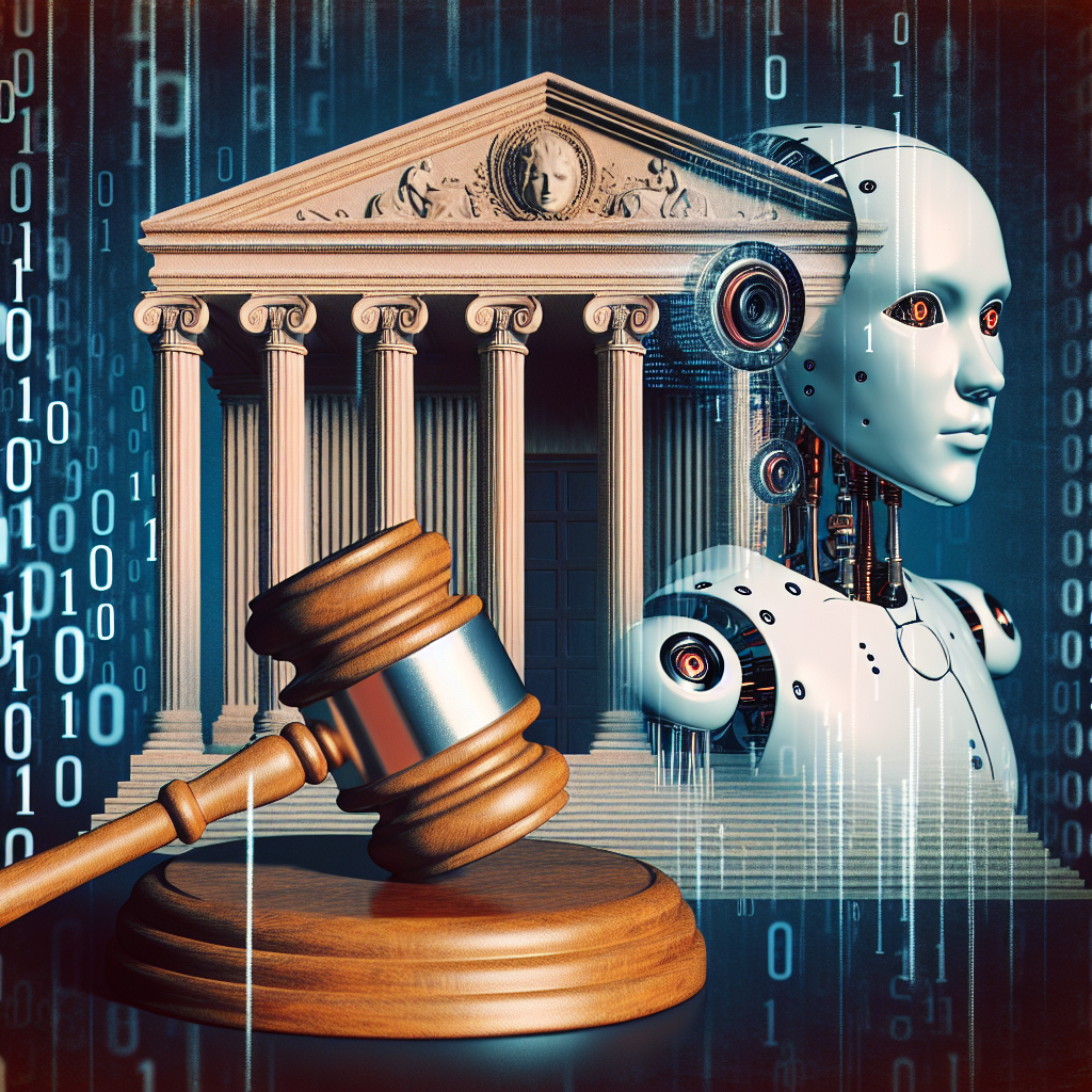 Create an image that symbolizes law, regulation, and technology. Incorporate symbol of an iconic government building, a gavel to symbolize law and legislation, and binary numbers or a humanoid robot to represent artificial intelligence. Please balance the elements in the composition so that neither overpowers the others, suggesting a cooperative approach between technology and policy-making.