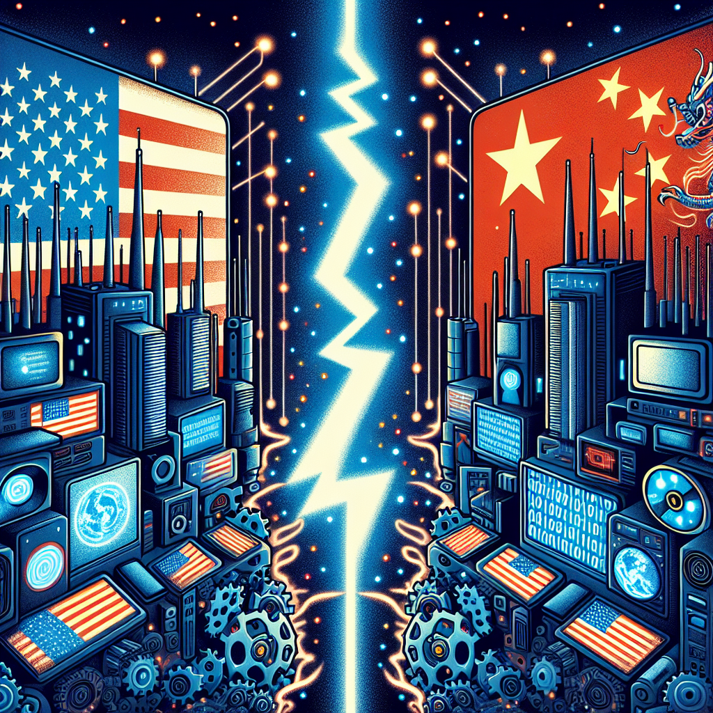 A tense and electrified illustration that symbolizes the escalating tech tensions between the US and China. The image should explore a visual metaphor that consists of two opposing technological towers with gears, antennas and screens of different shapes and sizes. On one side, represent the US with stars and stripes in a subtle, abstract manner. The Chinese side could include dragons and lotus flowers as iconography.  Around these structures, have binary code swirling like a storm, indicating a power struggle. The space in the middle between the towers represents the tension and the debate, perhaps illuminated by sparks or a lightning bolt.