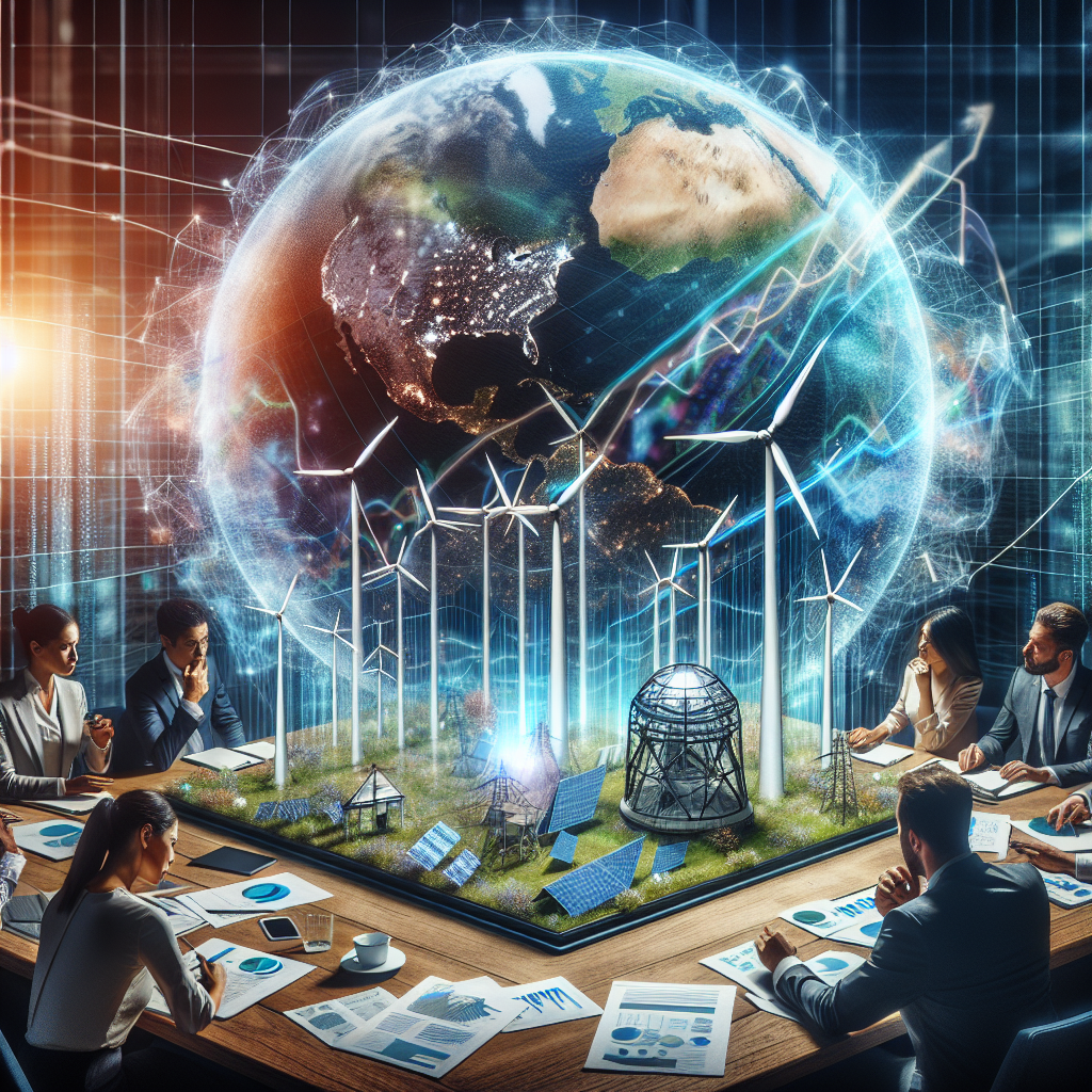 An intricate image showing fluctuating line graphs on a digital screen representing the soaring gas prices. In the foreground, a diverse group of people are brainstorming around a conference table littered with documents pertaining to energy policies. The people include an Asian woman, a Hispanic man, a Middle-Eastern woman, and a Caucasian man, all looking intently at a giant holographic globe showing renewable energy resources. An array of solar panels, wind turbines, and a hydroelectric dam can be seen in the 3D representation of the Earth's surface.