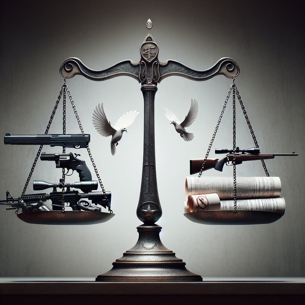 A detailed image of a balanced scale, symbolizing justice. On one side of the scale, there are 3D models of various firearms - handguns, rifles, and a shotgun. On the other side, there are a rolled-up law document symbolizing regulation and a white peace dove, representing the reduction of violence. The scale is in a perfect balance. The background fades from dark at the bottom to light at the top, signifying a transition from chaos to order. The overall mood of the image should be sober, serious and indicate a critical societal topic.