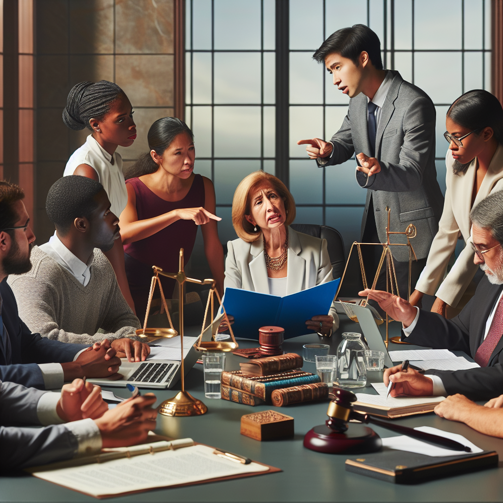 Create an image depicting a diverse array of individuals engaging in discussion around a large conference table in the middle of the day. The group consists of a female South Asian legal expert pointing to a rulebook, a black male statistician working on a laptop, a Hispanic female community organizer passionately putting forward her point, a Caucasian male legislitor listening intently, and a Middle-Eastern female political scientist taking notes. They're surrounded by various symbols of democracy like a balance scale, a gavel, and a ballot box. On the table there is a blue document titled 'New Voting Laws' and a set of pens. The ambiance is peaceful yet serious, displaying the gravity of the situation.