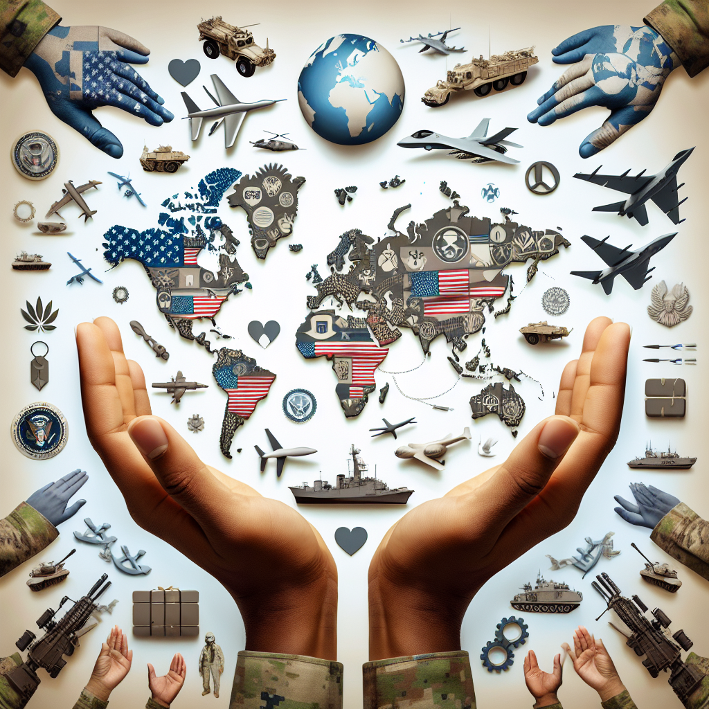 An image overview of global security highlighting a world map with large symbolic hands from above, representing the United States, extending aid packages to various regions. Show a variety of military equipment like drones, tanks, ships, and planes at the edges, to signify the military's role. Include background symbols for peace like doves and olive branches, and symbols for commitment like handshakes and gears interlocking. Please keep the overall tone serious and respectful, emphasizing collaboration, assistance, and mutual trust.