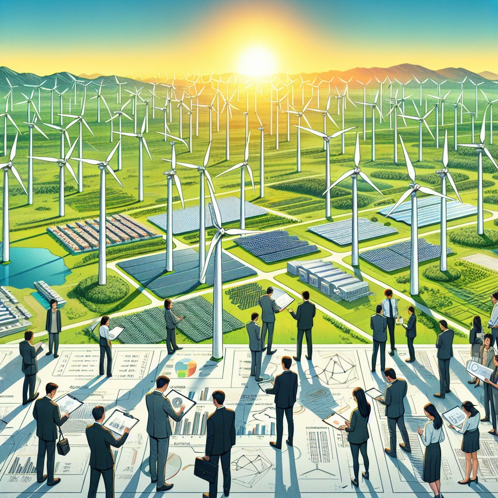 An illustration showing many wind turbines spread out over a vast, green landscape under a clear, sunny sky. In the foreground, a diverse group of individuals could be seen inspecting blueprints and financial charts, mapping out the future of clean energy. They can be Asian, Hispanic, and Caucasian males and females. The detailed view of different clean energy technologies, like solar panels and hydroelectric dams, can be seen in the distance. The energy is harvested by the clean, efficient machines and sent to cities visible in the far horizon. The title 'Clean Energy Investments: Transformative Climate Change Legislation' could be prominently displayed across the top.