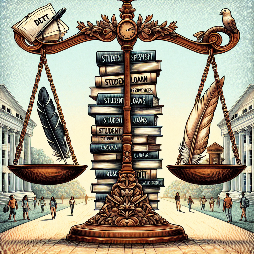 An intricately detailed image showcasing a composition that represents 'student loan forgiveness'. The image should depict a wide, vintage style balance scale, symbolic of financial equality. On one side, there should be stacks of heavy financial booklets representing student loans, looking worn with a label of 'debt'. On the other side, a feather quill and an open contract, symbolizing forgiveness, should make the scale balanced. The backdrop should consist of a university campus, perhaps with diverse students walking around, representing different descents like Caucasian, Hispanic, Middle-Eastern, Black and South Asian. Overall, the image is to convey a sense of relief, enlightenment, and positivity.