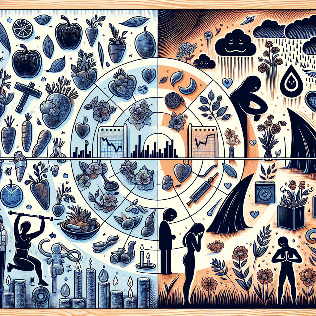 An illustrative collage depicting symbols of health and wellness achievements such as fresh vegetables, gym weights, yoga positions, along with a contrasting section showing symbolic representations of sorrow and mourning such as wilting flowers, candles, and rain clouds. All set against the backdrop of a stylized calendar to imply time passage and milestones. A scrollable timeline dividing the space, marked with non-specific silhouettes of various individuals celebrating health victories and mourning losses would also add depth.