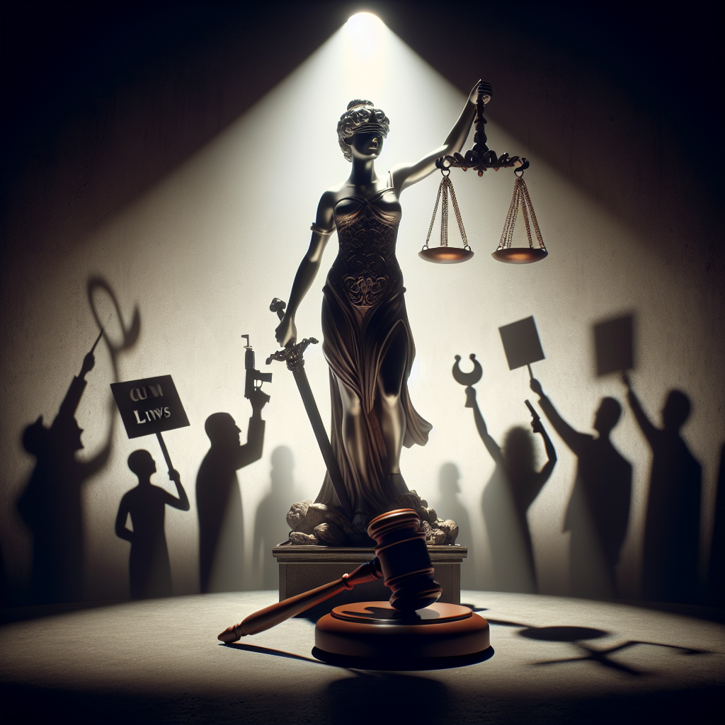 An image conceptualizing the theme of 'Gun Laws'. In the foreground, a clearly visualized, symbolic object of justice, perhaps a gavel or a scale, stands in a spotlight. In the background, a vague silhouette of Lady Justice holding a pair of scales and a sword in her hands, embodies the representation of Supreme Court. On one side of Lady Justice, show shadows of people holding placards advocating for 'gun control', whilst on the other side, shadows rallying behind 'gun rights'. The whole atmosphere should be rendered dramatically, illustrating a heated, intense debate. Please do not include any real people, public figures, or specific court rulings in the image.