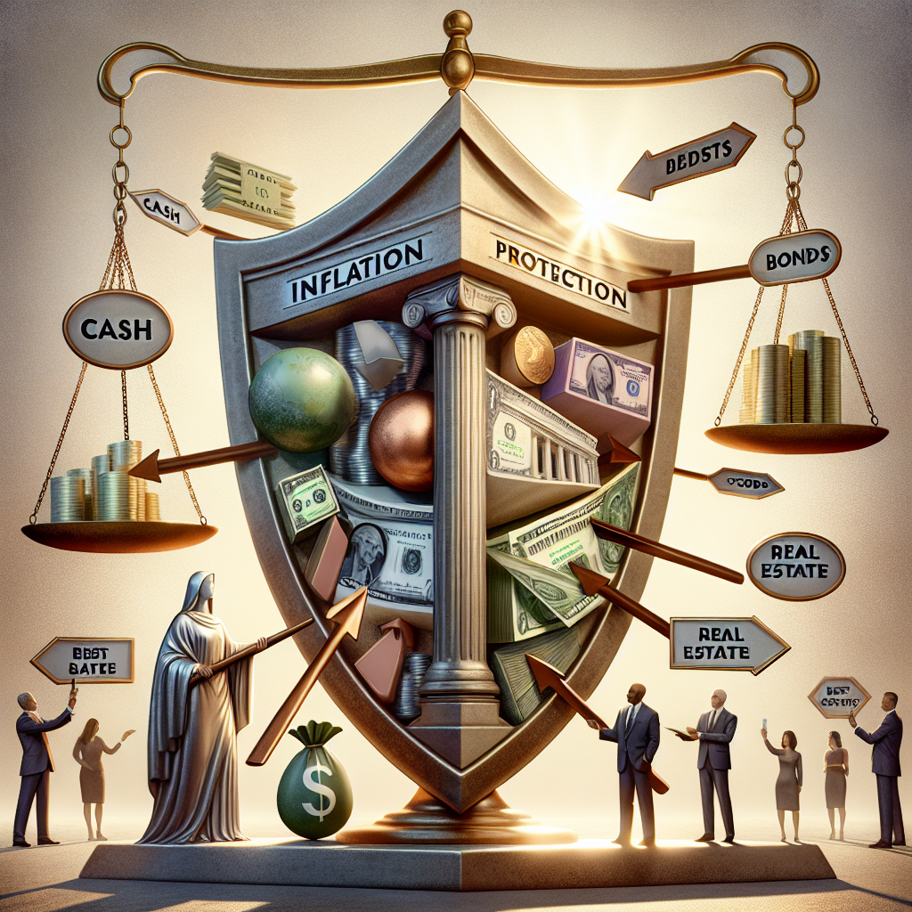 A detailed image showing an array of different economic strategies and tools represented metaphorically. In the foreground, there's a robust, symbolic shield labeled 'Inflation Protection'. Protruding from this shield are arrows reflecting different best strategies such as 'cash', 'bonds', 'stocks', 'real estate', etc. The shield is held by a diverse array of individuals representing various global descents, emphasizing the ideas of inclusivity and collaborative strategy. In the background, a large, classic scale (symbol of justice) subtly tips to one side, symbolizing Federal Reserve's Interest Rate Decisions. The entire scene is bathed in soft, golden light, conveying a sense of hope and opportunity.