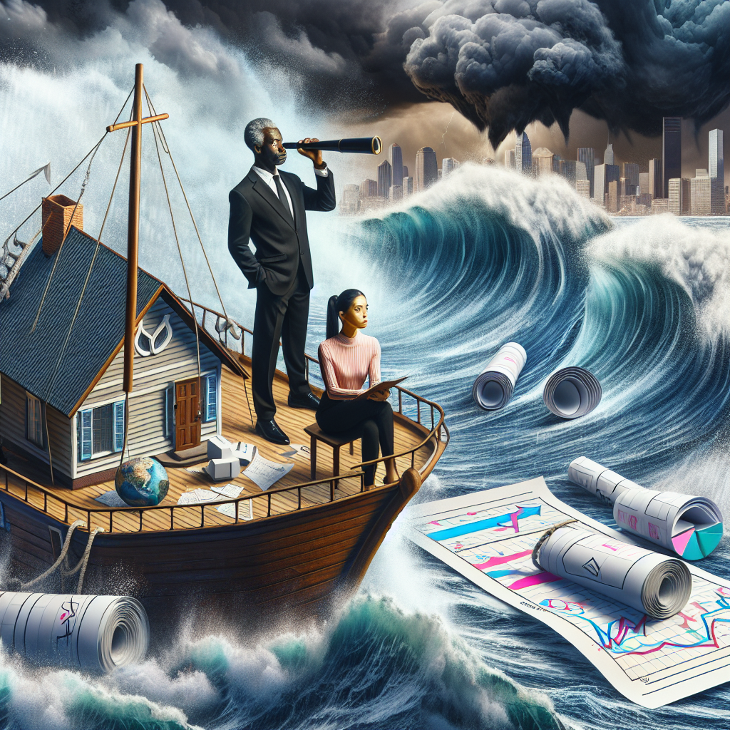 Visualize a metaphorical scenario representing the US housing market crisis. Show a turbulent ocean, symbolizing rising mortgage rates with large, threatening waves. In the midst of the storm, there's a sturdy ship, representing a home, navigating the rough waters. On the deck, a determined, middle-aged Black man and a young South Asian woman, both depicted as strategic economists, are observing the chaos through a telescope and scattered financial papers. They are coming up with strategic plans, as shown by some drawn tables and graphs on a scroll unrolling before them.