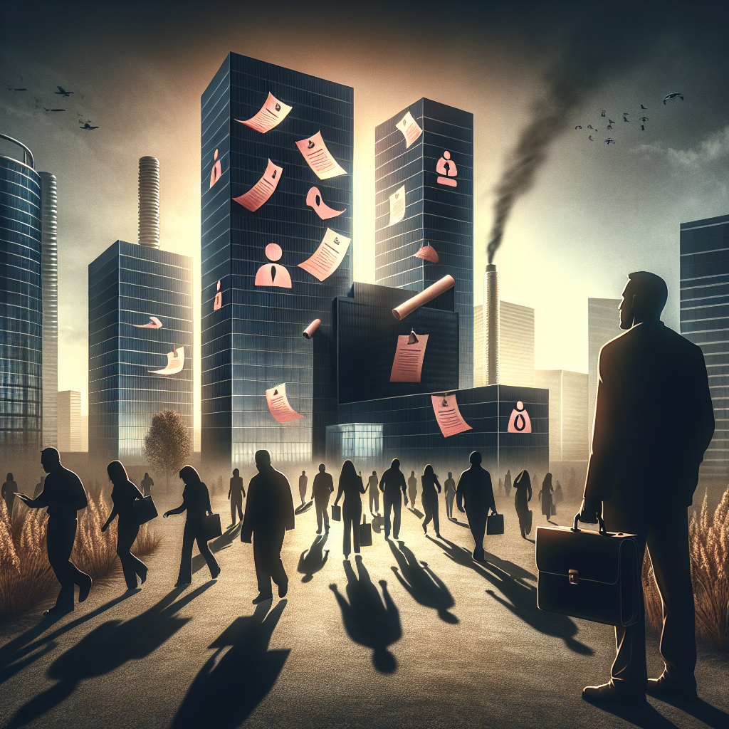 An abstract conceptual scene representing layoffs in the tech industry. Emphasize large corporate buildings with logos replaced by general symbols reflecting technology, e-commerce, social media, and automotive innovation. A shadowy figure dressed in business attire, pouch of rolled up papers (resembling pink slips) slung over their shoulder, walks away from the buildings. Distressed employees of diverse genders and descents (Caucasian, Hispanic, Black, Middle-Eastern, South Asian) are shown in the foreground, indicative of the unfortunate news. The afternoon sun sets in the grim sky, casting long shadows on the scene.