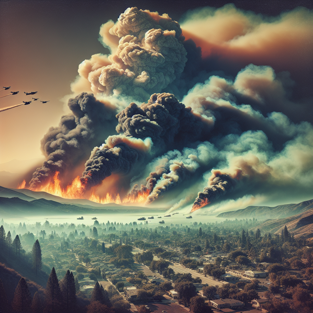 A dramatic scene depicting the harsh reality of wildfire emergencies due to unprecedented heatwaves. Capture the essence of a scorching hot summer day with unstoppable wildfires in the background. Include elements like towering smoke plumes rising and casting a hazy shadow over a region of varied terrain, perhaps showing a small town bracing against the advancing fire. Generate imagery emphasizing the efforts of multi-ethnic teams of firefighters battling the blaze, risking their lives in the process. Integrate an atmosphere of urgency, response efforts, and climate change's impact on everyday life in the US.