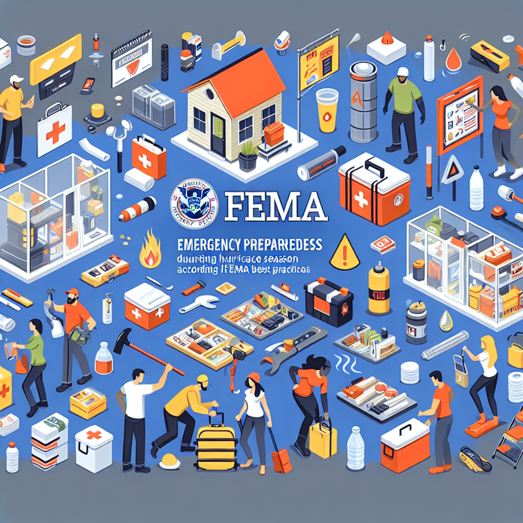 Create an informative image showcasing different elements of emergency preparedness during hurricane season according to FEMA best practices. Include details like a diverse group of people, all of different descents, working together to prepare their homes, securing windows and doors, and storing essentials such as water and food. Get a visible, detailed emergency kit filled with essential supplies like batteries, flashlights, and first aid items. The atmosphere should be serious, but not panic-ridden, reinforcing the importance of readiness and calm, collective effort.