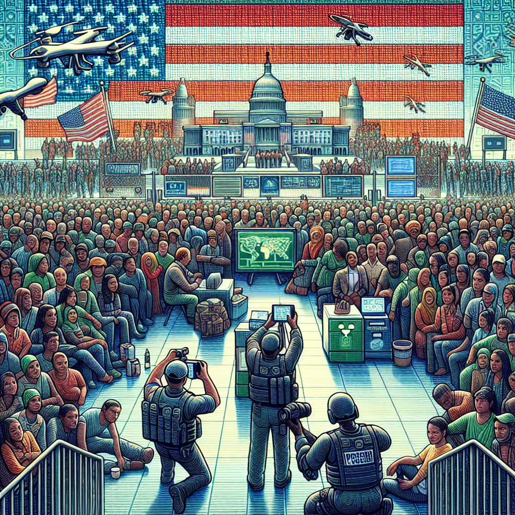 Create a highly-detailed image that represents the concept of 'US Immigration Policy Changes.' Consider including diverse depictions of people of varying descents like Black, Hispanic, Middle-Eastern, South Asian, and Caucasian. The scene should incorporate visual hints on 'Essential Updates for Improved Border Security,' so include images that communicate this, like markers of technological advancement (drones, security cameras), border fences, or passport control booths. Please avoid depictions of violence, controversy, or real political figures.