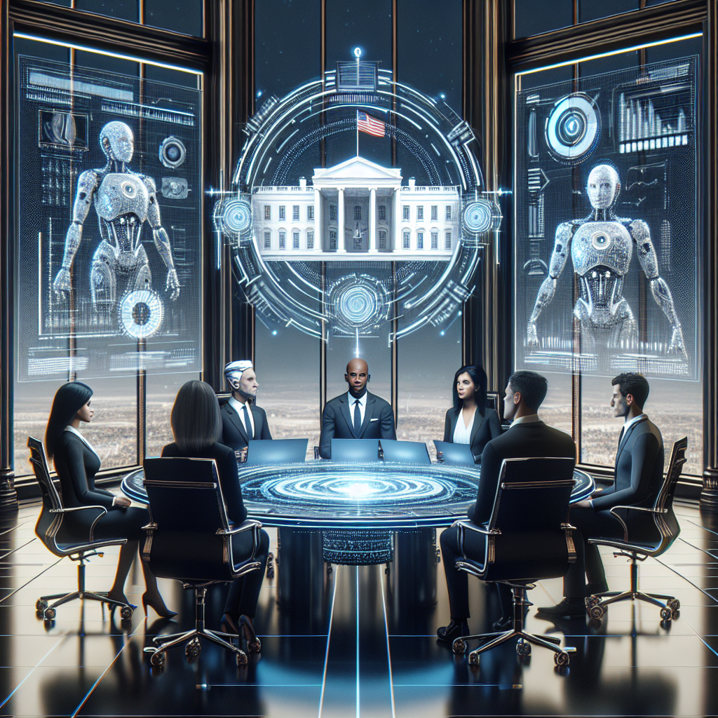 Visual representation of think tank experts, comprising of a Caucasian female, a Black male, a Middle-Eastern female and an Hispanic male, sitting around a round table encrusted with futuristic holograms displaying graphs and data related to Artificial Intelligence regulations. In the background, a symbolic representation of a white house with electronic circuits running through it signifying 'White House Policy'. The setting is in a high-tech room with sleek interiors and large windows revealing a city skyline.