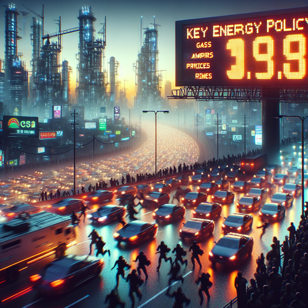 Picture this: A vast crowded urban landscape at twilight. Illuminated billboards display the numbers of gas prices which are dropping down rapidly in real-time. Armored cars race past as though there's not a moment to spare. A bold headline on a digital billboard: 'Key Energy Policy Revamp'. The scene gives a feeling of oscillation between anxiety and relief. Silhouettes of power plants and oil wells in the distant horizon juxtapose the modern skyline, revealing the complexity and urgency of energy policy decisions.