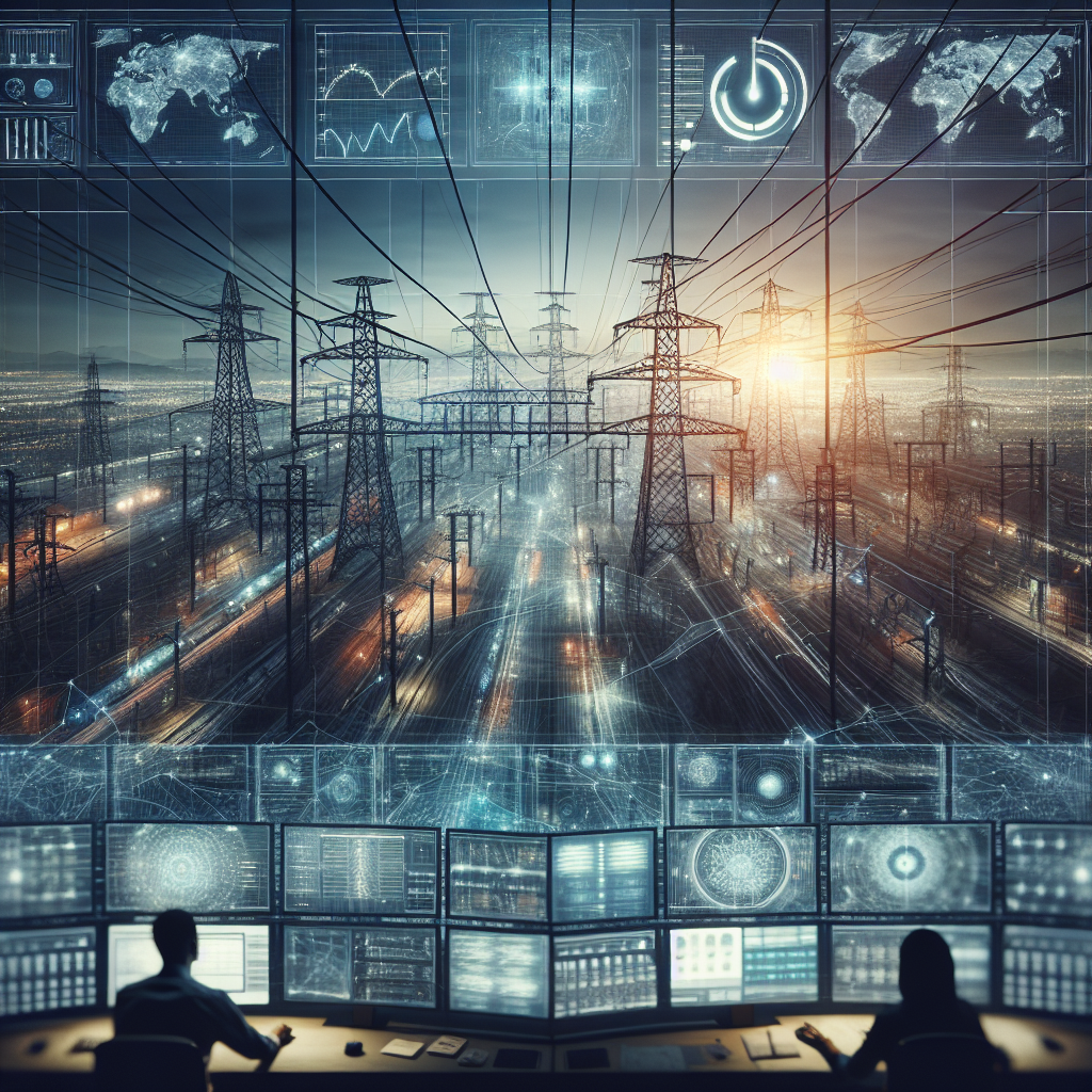 Envision an intricate network of power lines sprawling across an urban environment. The visibility is gradually dimming as the sun sets and the city is teetering on the brink of a blackout. The power lines, pylons and transformers form a complex grid; an embodiment of a nation's dependency on electricity. At the control center, a team of professionals, a Middle-Eastern woman and a Black man, are feverishly working on computers, anxious yet determined. Screens display the nation's power grid and vital statistics, indicating high risk areas. Their commitment illustrates crucial strategies to prevent complete darkness from taking over.