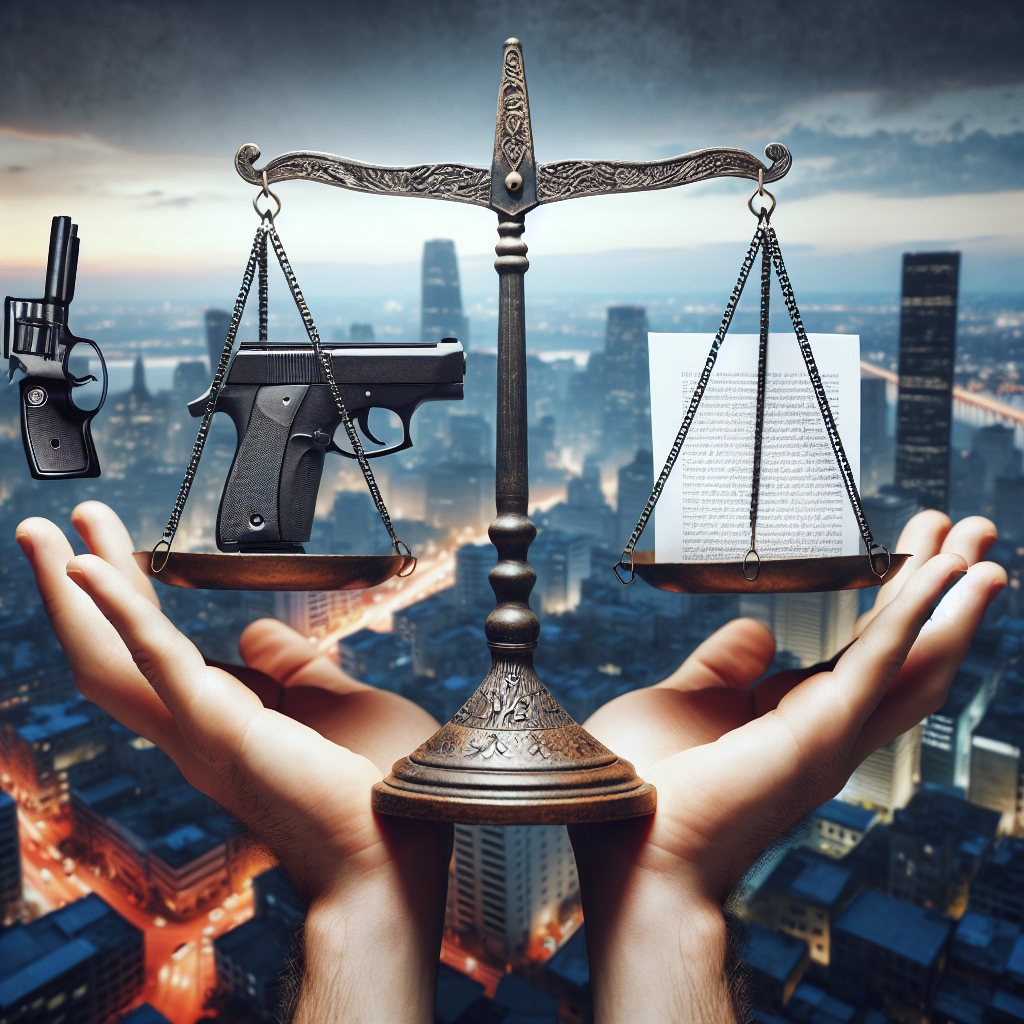 Visualize a pair of hands delicately balancing a miniature scale. On one side of the scale is a small handgun, while on the other is a text document, symbolizing legislation. The background consists of a city skyline with both bustling daytime life and peaceful night lights. Accentuate the dramatic contrast between the delicate balance and the bustling city. Please demonstrate the potential peace and harmony that can be achieved when the power of law outweighs guns.