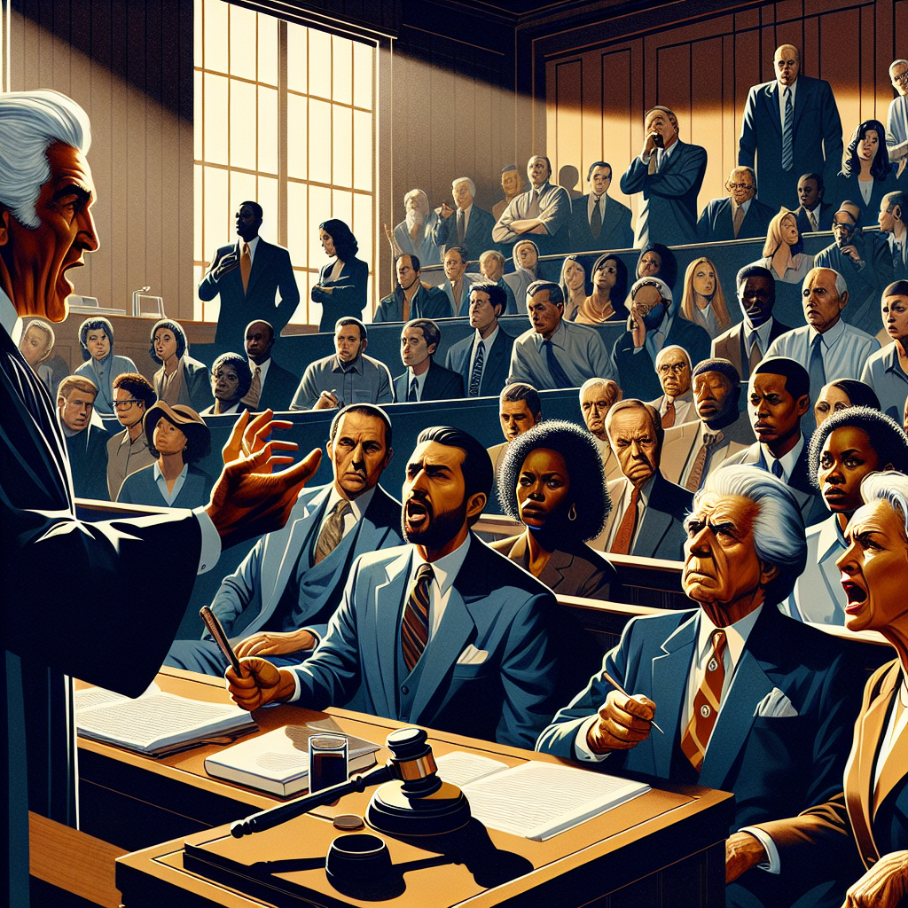 An illustration highlighting the drama and suspense associated with high-profile criminal trials in a US courtroom setting. A judge, a Caucasian man with white hair, is shown in the foreground, about to strike the gavel. On the left, a female attorney, possibly of Hispanic descent, is standing up, passionately pleading her case. On the right, a jury of various descents and genders, including African Americans, Asian Americans, and Caucasians, men and women, are taking notes while intently listening. In the background, the courtroom spectators of mixed genders and descents are anxiously awaiting the verdict. The room carries a heavy sense of anticipation.