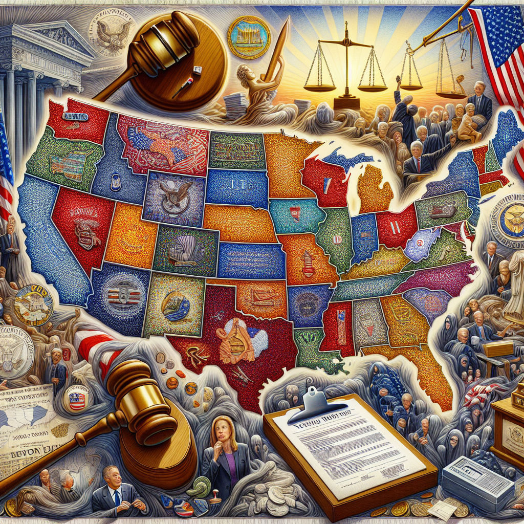 A detailed depiction of a map of the United States with every state marked with individual colors. Surrounding the map, various symbols of law and justice such as a gavel, a scale, and a legal document. Interspersed are images of voting ballots and polling booths. In the background, there are rising dawn of enlightenment and shadows of ambiguity, suggestive of the evolving landscape of voting laws. No specific politicians or public figures are to be included.