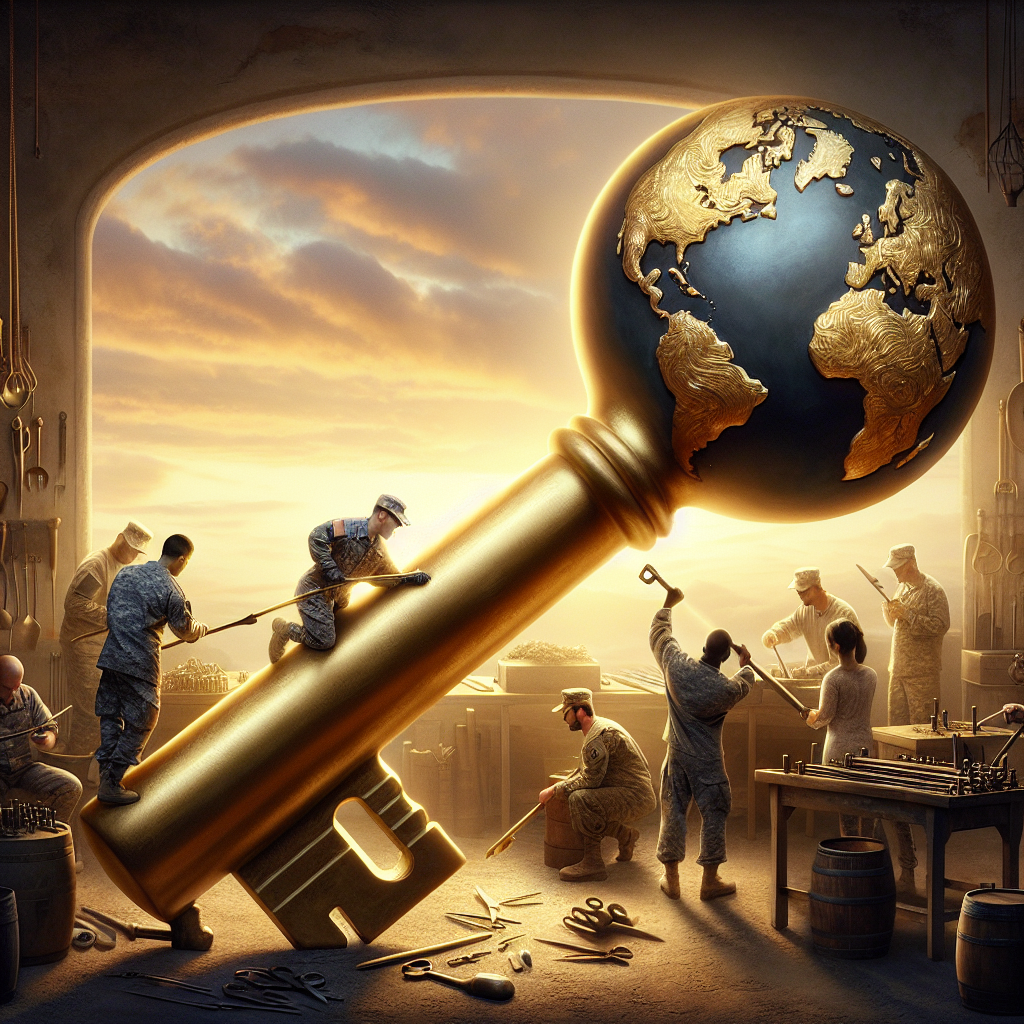 A detailed visual metaphor representing the concept of US military aid as a linchpin for global security. The central focus is an enormous gold-plated key, its maw intricately crafted in the form of the globe with continents and oceans beautifully shaded. Soldiers of varying descents like Caucasian, Hispanic, Black, Middle-Eastern, and South Asian, both male and female, are meticulously working on shaping the key using various traditional blacksmith tools. The setting is in an antique workshop set against a background of dawn symbolizing new beginnings. The lighting is soft and the color palette is warm.