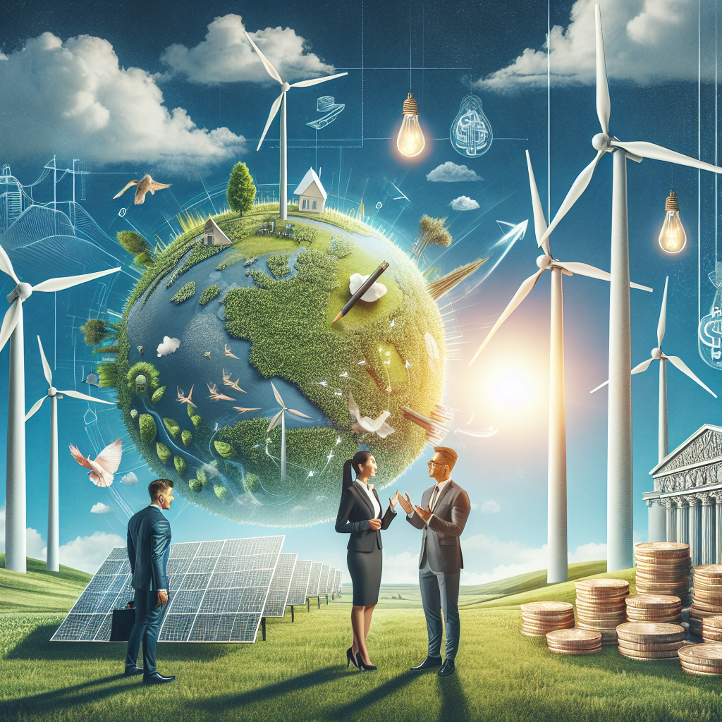 A dynamic scene representing the concept of clean energy investment. Picture a large scale wind farm against a clear blue sky, spread across rolling green fields. A bright sun shining on the well-tailored suits of business executives, a South Asian woman and a Hispanic man, discussing beside a blueprint of a solar power plant. Incorporate symbolic elements such as a robust, plant enveloped globe, and stacks of coins leading to a healthier planet. Also, include a backdrop of a large, majestic courthouse symbolizing the legislation. All elements combined should project the notion of transforming climate change through investment in eco-friendly ventures.