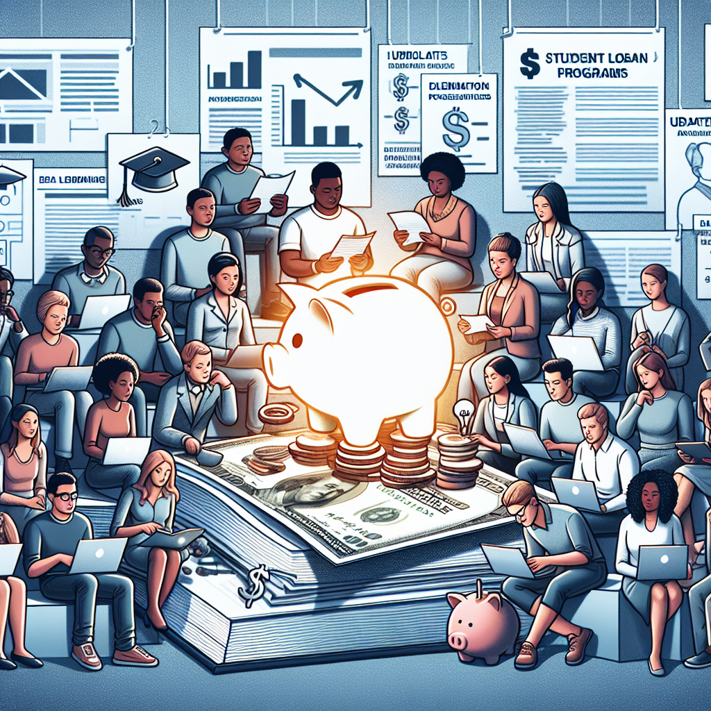 A detailed and thorough depiction of diverse individuals, of multiple descents such as Black, Hispanic, Middle-Eastern, South Asian, and White, occupying various career fields traditionally associated with higher education such as engineering, law, and healthcare. Each person is intently studying a large, glowing document entitled 'Student Loan Forgiveness Programs' which casts a soft light onto their hopeful and determined faces. In the background, there's a large wall, upon which the most important updates and aspects of the program are written. Elements that represent savings, such as a piggy bank, falling coins, and a dollar sign, are subtly woven into the design around the edges.
