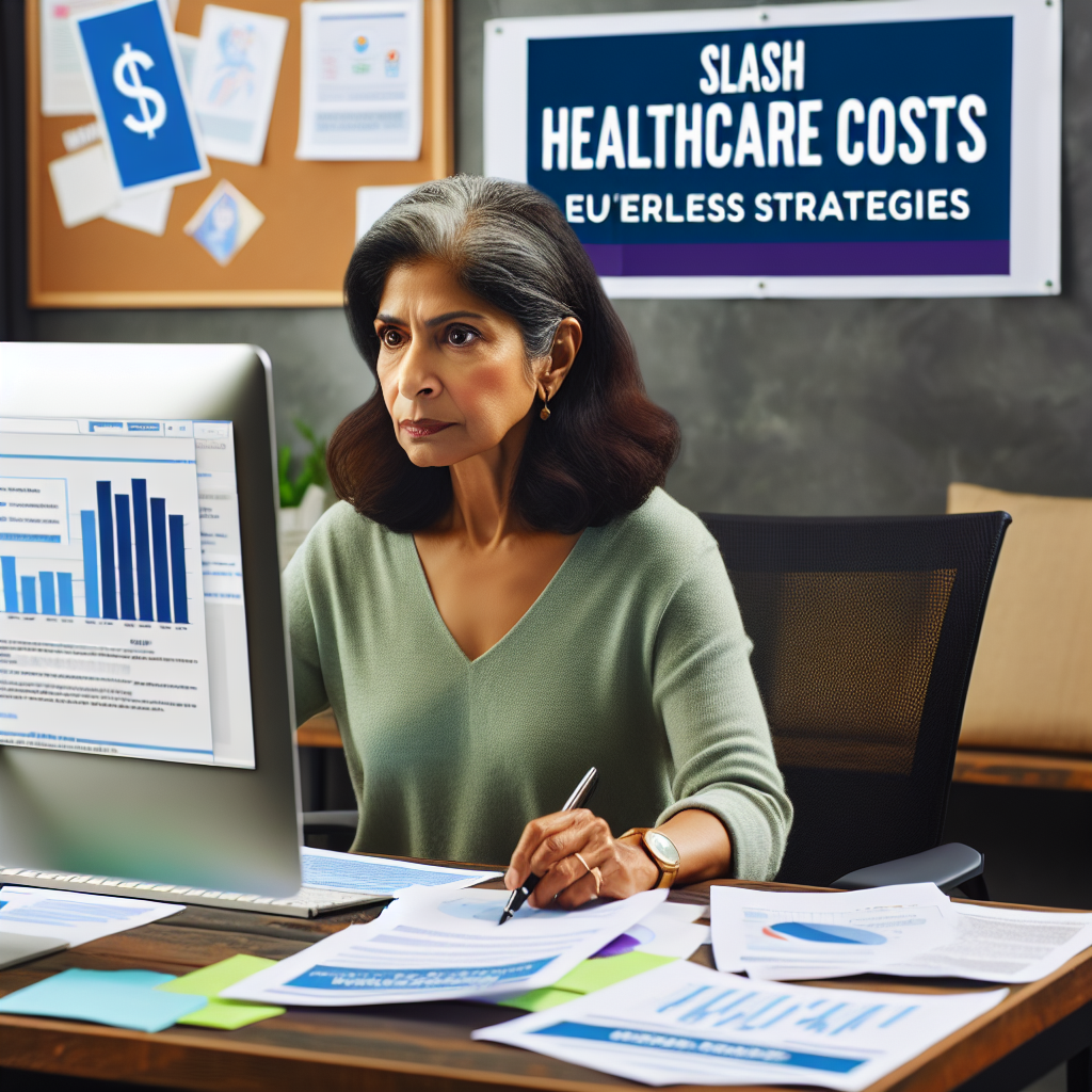A middle-aged South Asian woman looking focused and determined, seated at a computer desk. There are brochures and documents scattered on the table pertaining to healthcare, Medicare, and medical expenses. A banner hanging on the wall behind her says 'Slash Healthcare Costs'. She is navigating on a website titled 'Medicare Changes'. On the computer screen, a chart is visible exhibiting a decrease in healthcare costs, symbolizing effortless strategies.