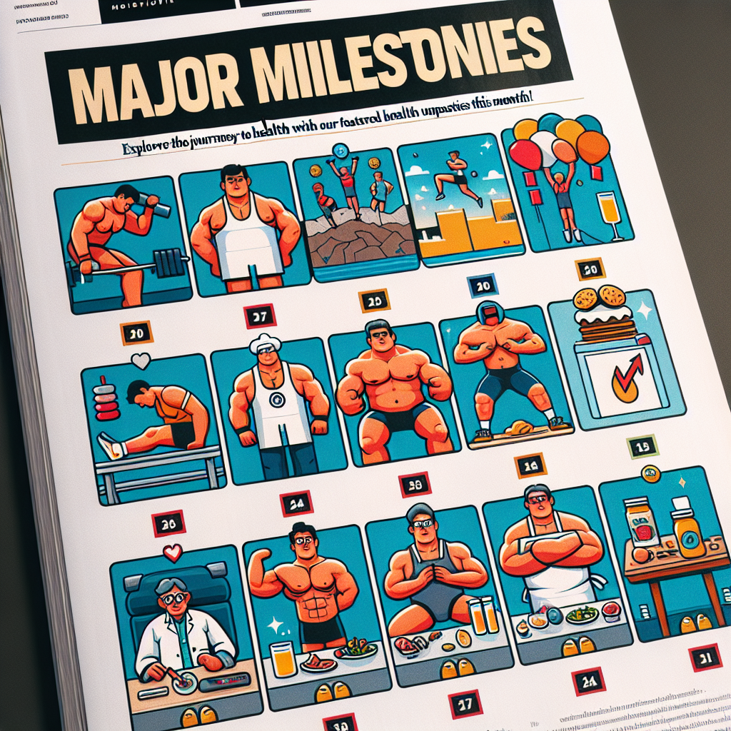 A cover page of a health magazine displaying different health-related milestones. On the top, there's a banner that says 'Major Milestones: Must-Read Health Updates'. Below that banner, small picture frames are arranged, each containing an illustration of different stereotypical bodybuilders, athletes, and chefs. Within each picture frame, symbols of health milestones are displayed, like a bodybuilder lifting heavier weights, an athlete running a longer distance, and a chef creating a healthier recipe. The bottom of the page has a bold caption that reads: 'Explore the journey towards peak health with our featured health enthusiasts this month!'