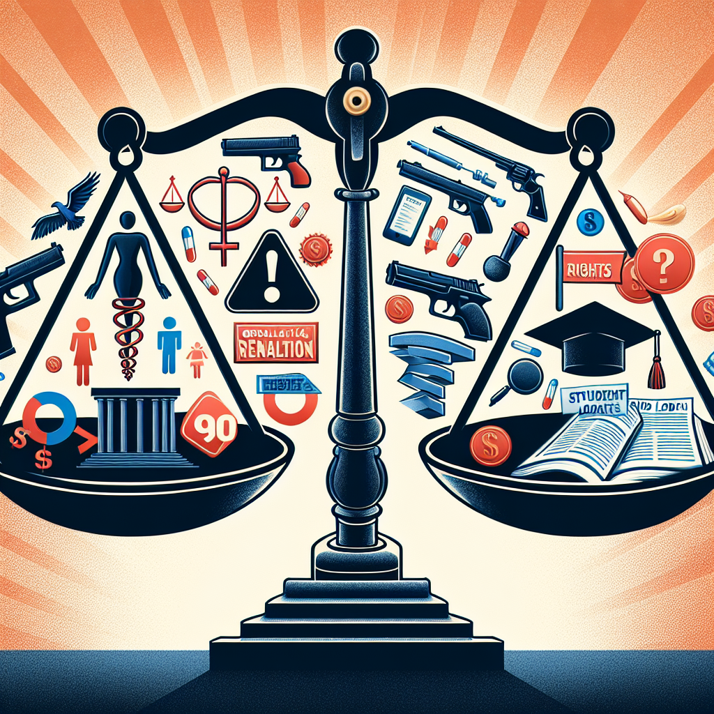 A symbolic image representing the impact of Supreme Court rulings on diverse issues such as abortion rights, gun laws, and student loans. Depict a large balanced scale as the central element, with elements symbolizing rights, penalties, and debts on each side. On one side, represent abortion rights with a medical symbol, gun laws with a justice symbol, and student loans with a graduation cap. On the other side, display symbols representing opposition, regulations, and loan payments. Include an icon of a court gavel hovering over the scale, indicating the influence of Supreme Court rulings.