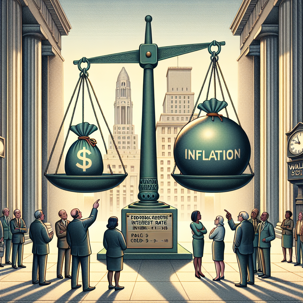 Create an intricate illustration that represents the concept of managing inflation through Federal Reserve interest rate decisions. The scene should entail a large, symbolic scale - one balance holds a bag of money labeling 'interest rate', and the other balance holds a bulbous balloon labeled 'inflation'. Nearby, a group of figures representing different ethnicities and genders are discussing and observing the scale, pointing towards it and exchanging thoughts. The backdrop could be a representation of Wall Street, with classic architectural details and a clock showing business hours to magnify the setting's significance.