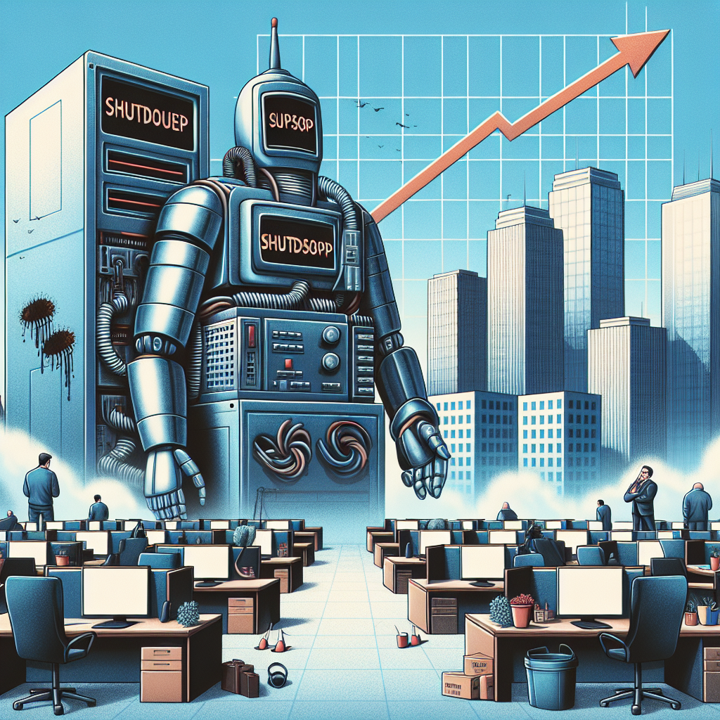Create an image showcasing a metaphorical depiction of the tech industry in crisis. Portray giant machines, symbolic of the tech giants, with shutdown signs on their screens and empty office spaces in the background. The office spaces should show vacant desks, switched-off monitors, stacked chairs to indicate layoffs. Additionally, include a diminishing bar chart on a skyrocket background signifying the struggling economy. Please, remember to convey the image in a somber tone to depict the devastating situation.