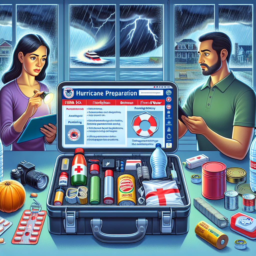 A detailed visual representation of a hurricane preparation kit with labeled items such as flashlight, batteries, bottled water, first aid kit, and canned food. A laptop screen in the background displays a FEMA dashboard update regarding hurricane forecasts. Off to the side, a Hispanic woman and a Middle-Eastern man, both looking concerned, are viewing the FEMA update while discussing their emergency plans. A rainy exterior through a window suggests an ongoing storm, symbolizing the hurricane season.