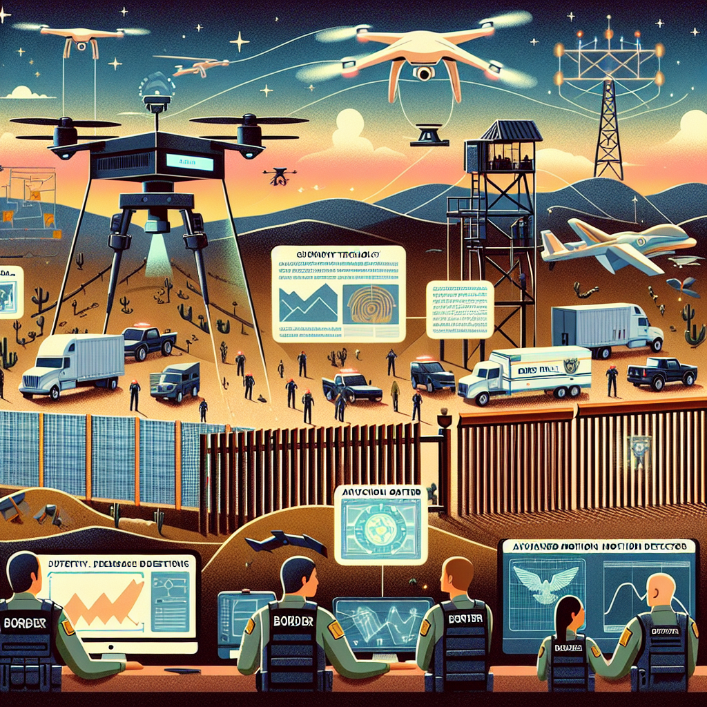 An illustrated image showcasing the elements of a border control machinery. It features a complex network of advanced technology used for surveillance, such as drones scanning the hills and advanced motion detectors lining up. Also, depict the onset of sturdy, high-tech barriers and gates at the border, infused with electronic systems. Show border patrol officials, both men and women from diverse descents such as Hispanic, Caucasian, and Black, vigilantly monitoring data screens and operating these systems. The background is a desert landscape, the sky transitioning from dusk to night.