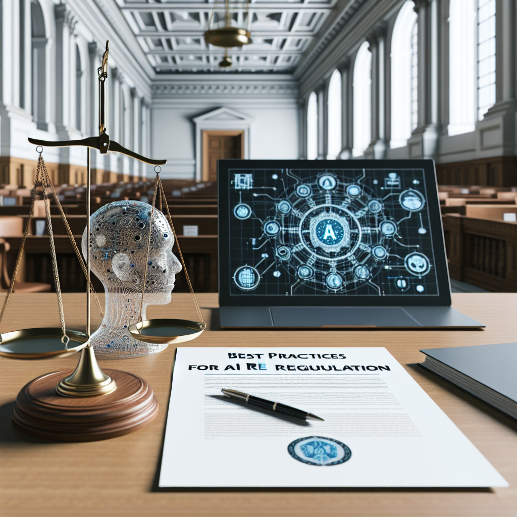 A detailed portrayal of a clean, well-organized office space within a large historical building. Prominently visible on a wooden desk, a document titled 'Best Practices for AI Regulation' sits next to a sleek modern laptop displaying complex AI-related diagrams. A balance scale, symbolizing fairness and regulation, is located next to the paperwork. Please avoid showing any specific people or recognizable buildings; focus instead on the concept of government involvement in shaping rules for advanced technology.